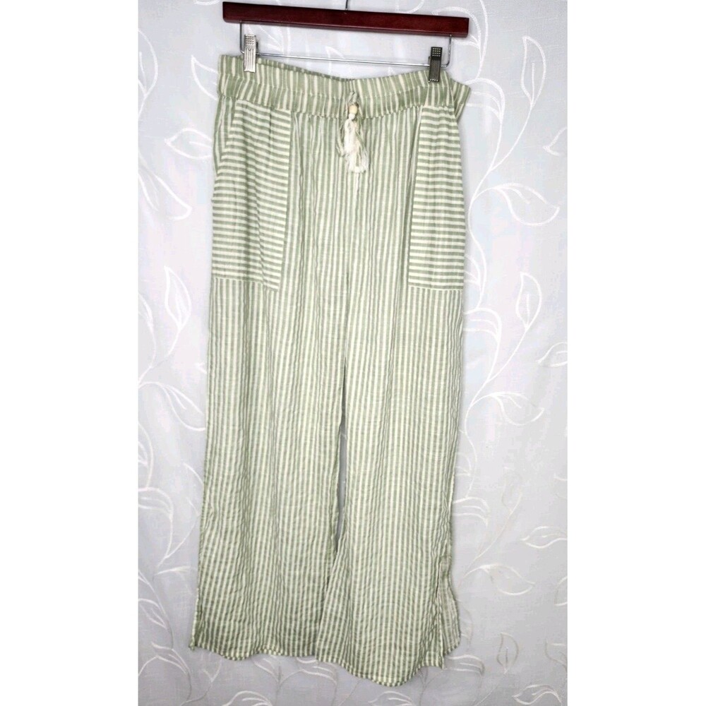Light Green Striped Wide-Leg Pants with Drawstring